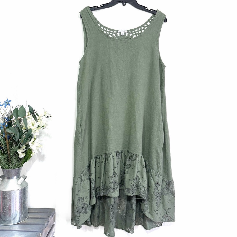 Cristina Vergani Women’s Green Tea Linen-Cotton Sleeveless High Low Midi Dress